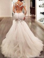 Long Sleeve Lace Mermaid Wedding Dresses,  See Through Long Custom Wedding Gowns,17101