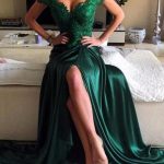 Off Shoulder Emerald Green Side Slit Lace Evening Prom Dresses,  Long Prom Dresses, 17064