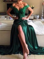 Off Shoulder Emerald Green Side Slit Lace Evening Prom Dresses,  Long Prom Dresses, 17064