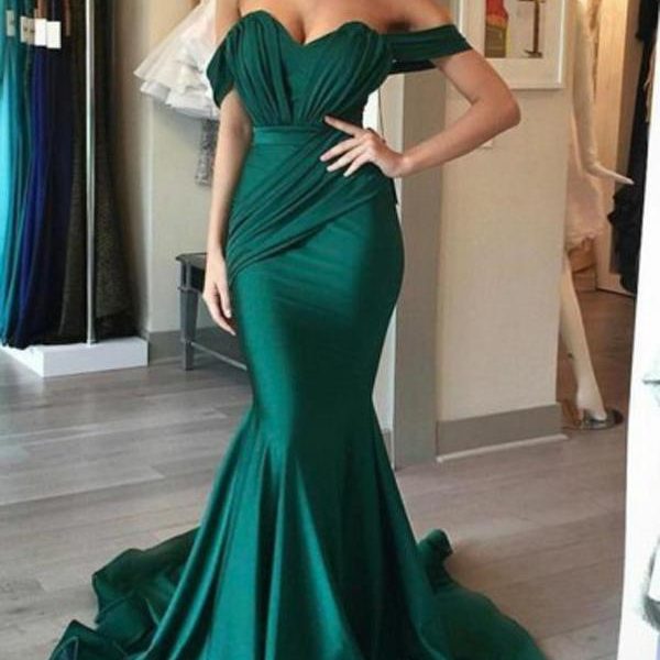 Off Shoulder Emerald Green Mermaid Long Evening Prom Dresses, 17703