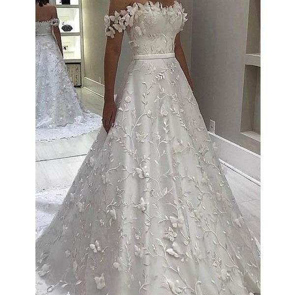 Off Shoulder A-line Lace Long Wedding Dresses Online, Cheap Bridal Dresses, WD531