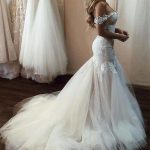 Off Shoulder Lace Mermaid Wedding Dresses Online, Cheap Beach Bridal Dresses, WD473
