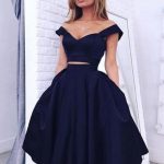 Two Pieces Off Shoulder Navy Blue Homecoming Prom Dresses, Cheap Homecoming Dresses, CM358