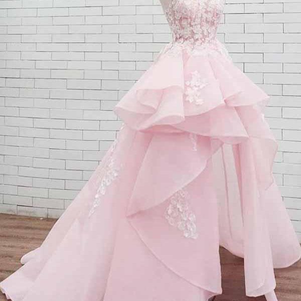 Halter Lace High Low Pink Organza Long Evening Prom Dresses, Cheap Custom Sweet 16 Dresses, 18461