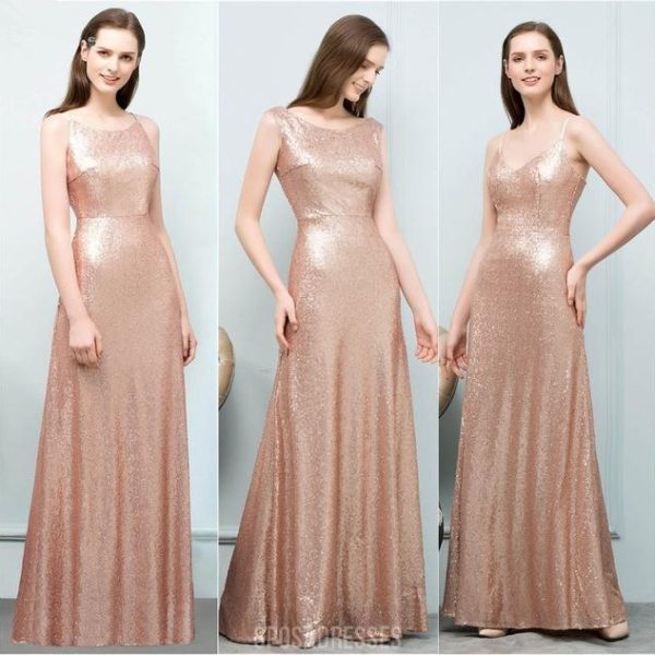 Cheap Sparkly Floor Length Mismatched Gold Sequin Bridesmaid Dresses, WG547
