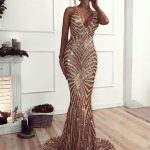 Sequin Mermaid Rose Gold Lace Long Evening Prom Dresses, Sparkly Party Prom Dresses, 18611