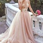 Gold Sequin A line Evening Prom Dresses, Long Tulle Party Prom Dresses, 17051