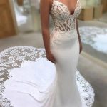 Spaghetti Straps See Through Lace Mermaid Wedding Dresses, Lace Wedding Gown, WD698