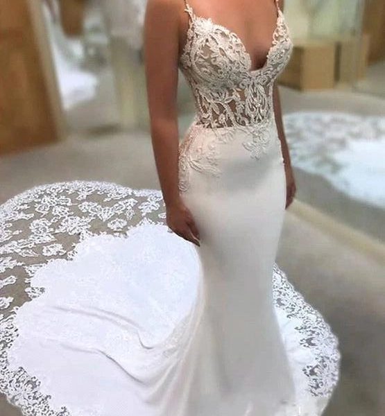Spaghetti Straps See Through Lace Mermaid Wedding Dresses, Lace Wedding Gown, WD698