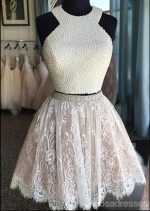 Sexy Two Pieces Halter Lace skirt Pearls bodice Cute homecoming prom dresses, CM0010 - Image 3