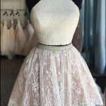 Sexy Two Pieces Halter Lace skirt Pearls bodice Cute homecoming prom dresses, CM0010