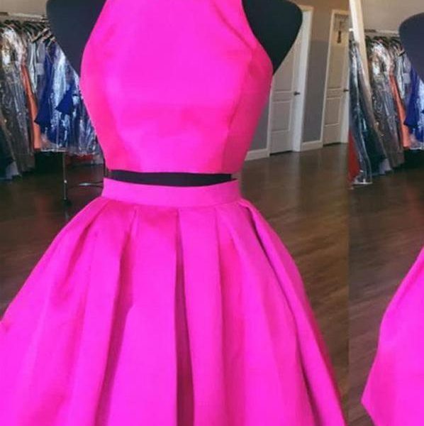 Sexy Open Back Hot Pink Two Piece Simple Cheap Homecoming Dresses 2018, CM490
