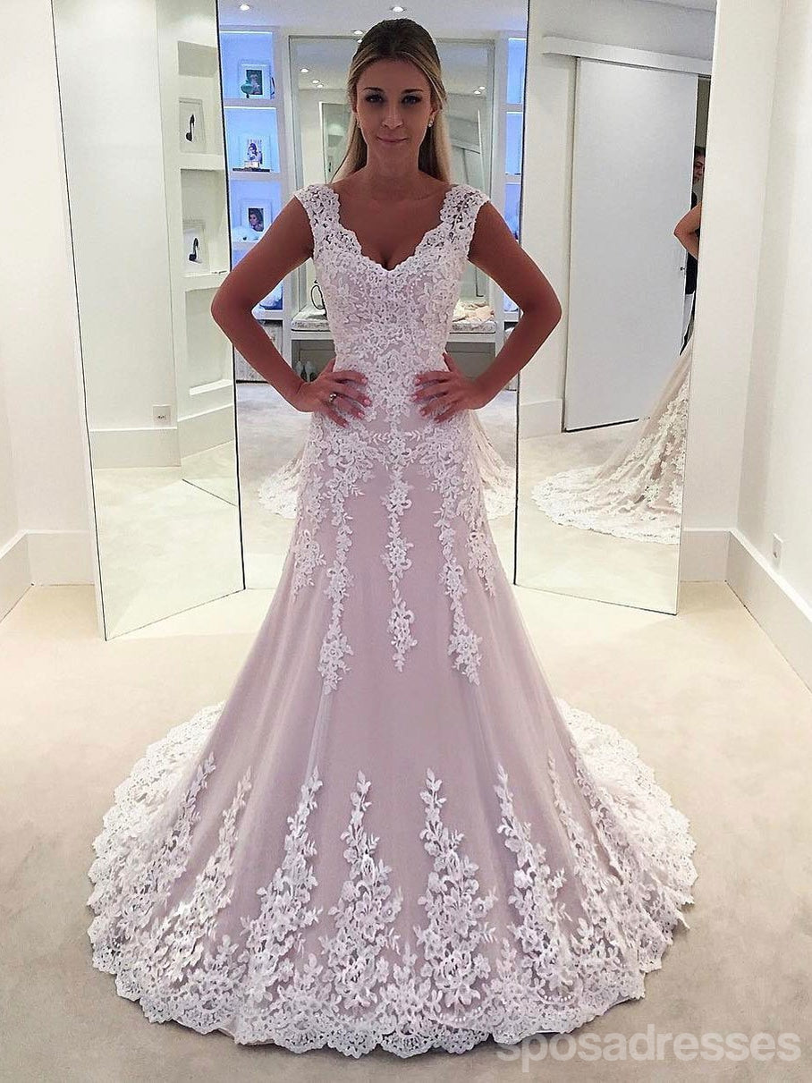 v_neck_lace_wedding_dresses.jpg Lace Strapless A-line See Through Cheap Wedding Dresses Online, WD339 - Image 1
