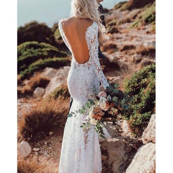 Sexy Backless Lace Mermaid Cheap Wedding Dresses Online, Long Sleeves Bridal Dresses, WD441