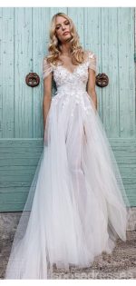 Cap Sleeves See Through Cheap Wedding Dresses, Sexy A-line Bridal Dresses, WD435 - Image 6